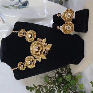 Statement Gold With Gold Rose Flower Rhinestone Necklace and Earrings Set
